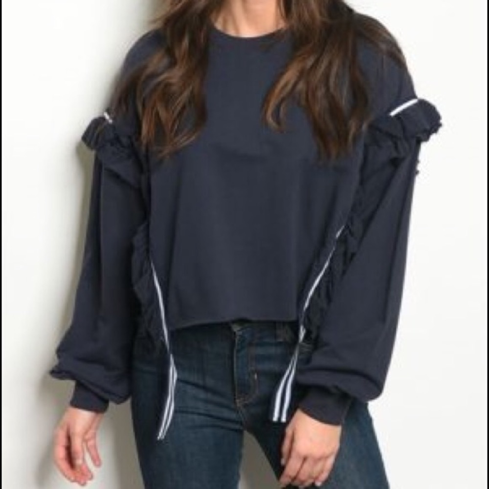 Navy Ruffle Ribbon Top